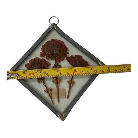 Vtg Handmade Pressed Flowers in Pewter Glass Frame Hanging SunCatcher 6” Square - Picture 4 of 5